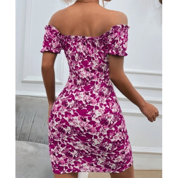 Boho green Floral Print Off Shoulder Bodycon Dress - Picture 10 of 16